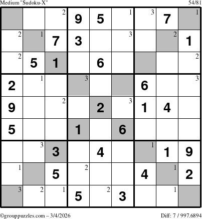 The grouppuzzles.com Medium Sudoku-X puzzle for Wednesday March 4, 2026 with the first 3 steps marked