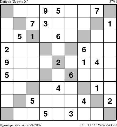 The grouppuzzles.com Difficult Sudoku-X puzzle for Wednesday March 4, 2026