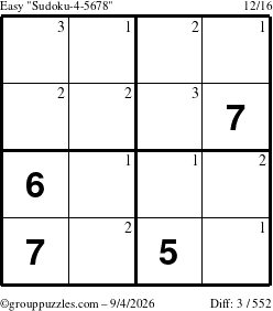 The grouppuzzles.com Easy Sudoku-4-5678 puzzle for Friday September 4, 2026 with the first 3 steps marked