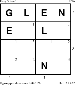 The grouppuzzles.com Easy Glen puzzle for Friday September 4, 2026, suitable for printing, with all 3 steps marked