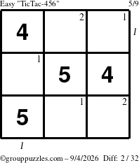 The grouppuzzles.com Easy TicTac-456 puzzle for Friday September 4, 2026 with all 2 steps marked