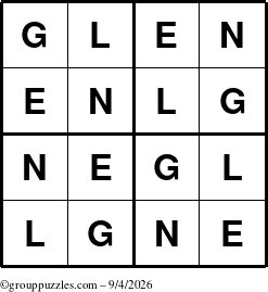 The grouppuzzles.com Answer grid for the Glen puzzle for Friday September 4, 2026