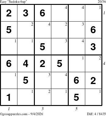The grouppuzzles.com Easy Sudoku-6up puzzle for Friday September 4, 2026, suitable for printing, with all 4 steps marked