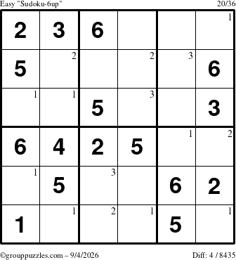 The grouppuzzles.com Easy Sudoku-6up puzzle for Friday September 4, 2026 with the first 3 steps marked