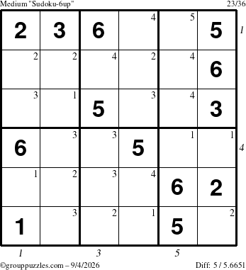 The grouppuzzles.com Medium Sudoku-6up puzzle for Friday September 4, 2026 with all 5 steps marked