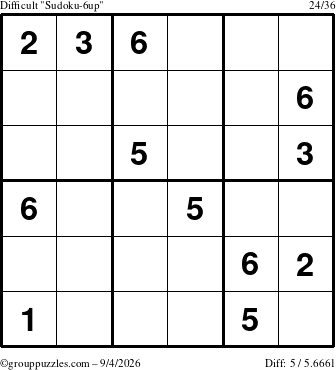 The grouppuzzles.com Difficult Sudoku-6up puzzle for Friday September 4, 2026