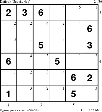 The grouppuzzles.com Difficult Sudoku-6up puzzle for Friday September 4, 2026 with all 5 steps marked