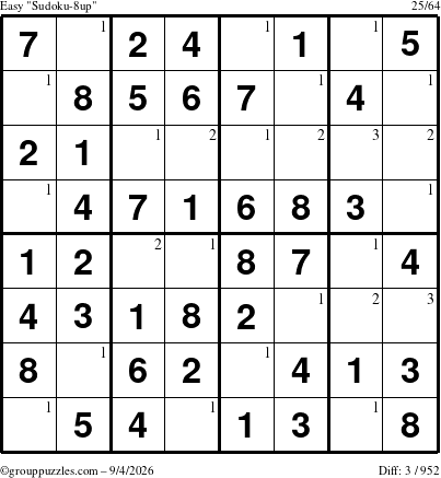 The grouppuzzles.com Easy Sudoku-8up puzzle for Friday September 4, 2026 with the first 3 steps marked