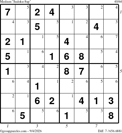 The grouppuzzles.com Medium Sudoku-8up puzzle for Friday September 4, 2026, suitable for printing, with all 7 steps marked