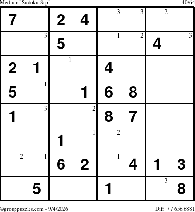 The grouppuzzles.com Medium Sudoku-8up puzzle for Friday September 4, 2026 with the first 3 steps marked