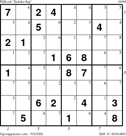 The grouppuzzles.com Difficult Sudoku-8up puzzle for Friday September 4, 2026 with all 8 steps marked