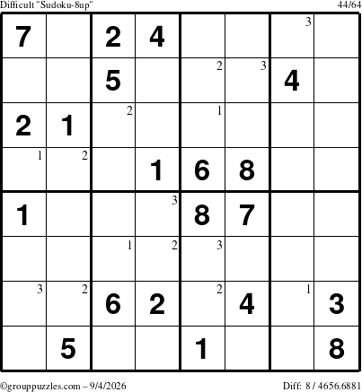 The grouppuzzles.com Difficult Sudoku-8up puzzle for Friday September 4, 2026 with the first 3 steps marked