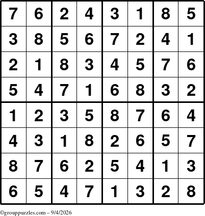 The grouppuzzles.com Answer grid for the Sudoku-8up puzzle for Friday September 4, 2026