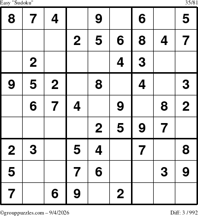 The grouppuzzles.com Easy Sudoku puzzle for Friday September 4, 2026