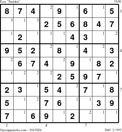 The grouppuzzles.com Easy Sudoku puzzle for Friday September 4, 2026 with all 3 steps marked