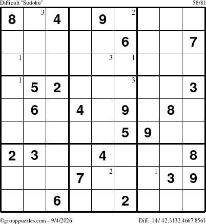 The grouppuzzles.com Difficult Sudoku puzzle for Friday September 4, 2026 with the first 3 steps marked