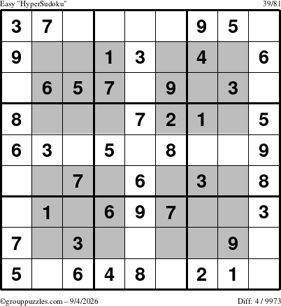 The grouppuzzles.com Easy HyperSudoku puzzle for Friday September 4, 2026