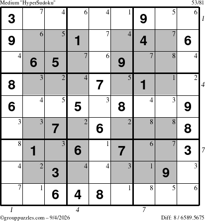 The grouppuzzles.com Medium HyperSudoku puzzle for Friday September 4, 2026, suitable for printing, with all 8 steps marked