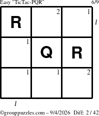 The grouppuzzles.com Easy TicTac-PQR puzzle for Friday September 4, 2026, suitable for printing, with all 2 steps marked