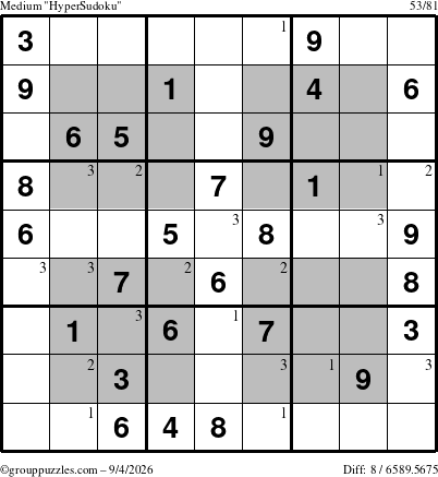 The grouppuzzles.com Medium HyperSudoku puzzle for Friday September 4, 2026 with the first 3 steps marked