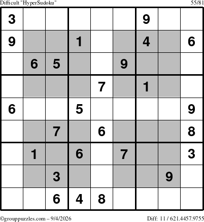The grouppuzzles.com Difficult HyperSudoku puzzle for Friday September 4, 2026