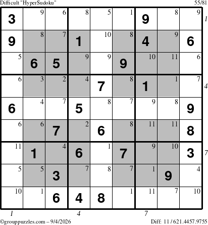 The grouppuzzles.com Difficult HyperSudoku puzzle for Friday September 4, 2026, suitable for printing, with all 11 steps marked