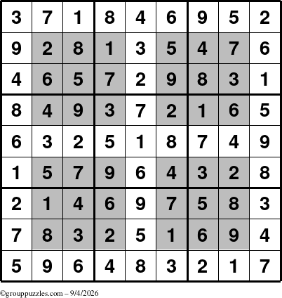 The grouppuzzles.com Answer grid for the HyperSudoku puzzle for Friday September 4, 2026