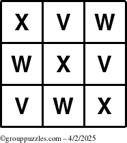 The grouppuzzles.com Answer grid for the TicTac-VWX puzzle for Wednesday April 2, 2025