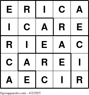 The grouppuzzles.com Answer grid for the Erica puzzle for Wednesday April 2, 2025
