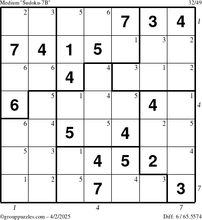 The grouppuzzles.com Medium Sudoku-7B puzzle for Wednesday April 2, 2025, suitable for printing, with all 6 steps marked