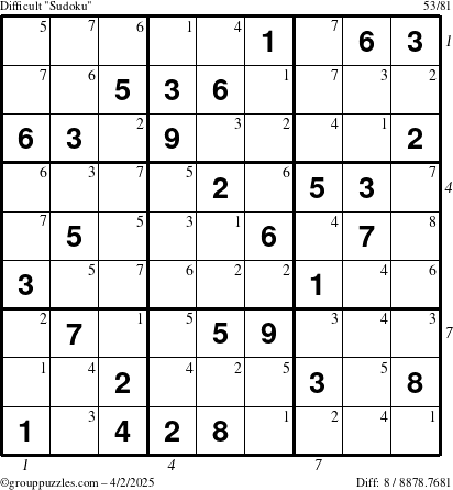 The grouppuzzles.com Difficult Sudoku puzzle for Wednesday April 2, 2025 with all 8 steps marked