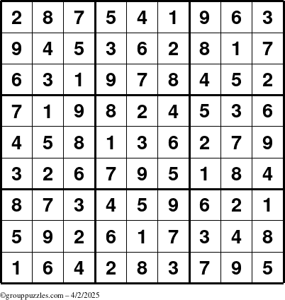 The grouppuzzles.com Answer grid for the Sudoku puzzle for Wednesday April 2, 2025
