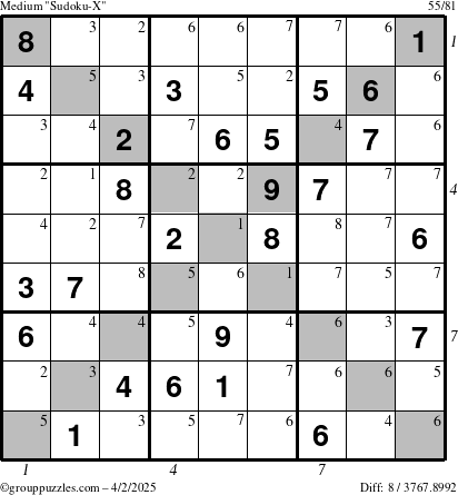 The grouppuzzles.com Medium Sudoku-X puzzle for Wednesday April 2, 2025, suitable for printing, with all 8 steps marked