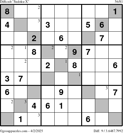 The grouppuzzles.com Difficult Sudoku-X puzzle for Wednesday April 2, 2025 with the first 3 steps marked