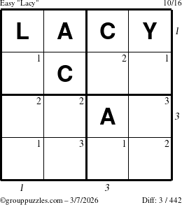 The grouppuzzles.com Easy Lacy puzzle for Saturday March 7, 2026, suitable for printing, with all 3 steps marked