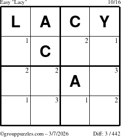 The grouppuzzles.com Easy Lacy puzzle for Saturday March 7, 2026 with the first 3 steps marked