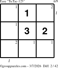 The grouppuzzles.com Easy TicTac-123 puzzle for Saturday March 7, 2026 with all 2 steps marked
