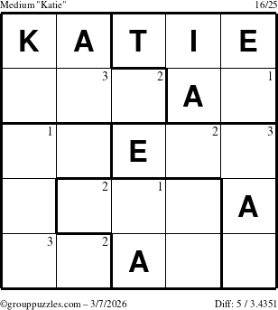 The grouppuzzles.com Medium Katie puzzle for Saturday March 7, 2026 with the first 3 steps marked