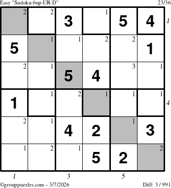 The grouppuzzles.com Easy Sudoku-6up-UR-D puzzle for Saturday March 7, 2026 with all 3 steps marked