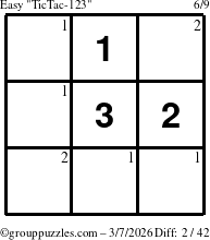 The grouppuzzles.com Easy TicTac-123 puzzle for Saturday March 7, 2026 with the first 2 steps marked