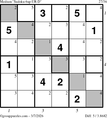 The grouppuzzles.com Medium Sudoku-6up-UR-D puzzle for Saturday March 7, 2026, suitable for printing, with all 5 steps marked