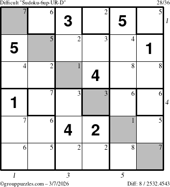 The grouppuzzles.com Difficult Sudoku-6up-UR-D puzzle for Saturday March 7, 2026 with all 8 steps marked