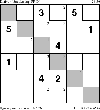 The grouppuzzles.com Difficult Sudoku-6up-UR-D puzzle for Saturday March 7, 2026 with the first 3 steps marked