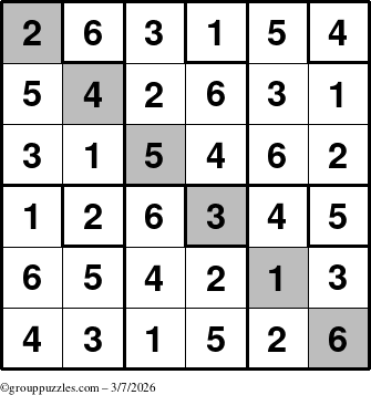 The grouppuzzles.com Answer grid for the Sudoku-6up-UR-D puzzle for Saturday March 7, 2026