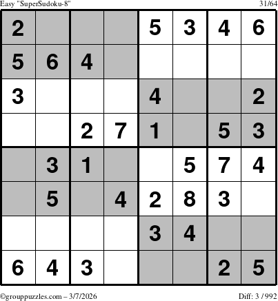 The grouppuzzles.com Easy SuperSudoku-8 puzzle for Saturday March 7, 2026