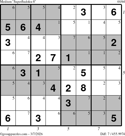 The grouppuzzles.com Medium SuperSudoku-8 puzzle for Saturday March 7, 2026, suitable for printing, with all 7 steps marked