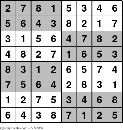 The grouppuzzles.com Answer grid for the SuperSudoku-8 puzzle for Saturday March 7, 2026