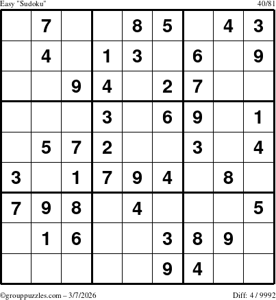 The grouppuzzles.com Easy Sudoku puzzle for Saturday March 7, 2026