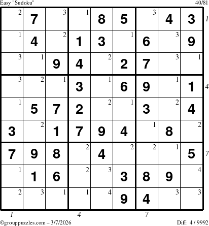 The grouppuzzles.com Easy Sudoku puzzle for Saturday March 7, 2026, suitable for printing, with all 4 steps marked