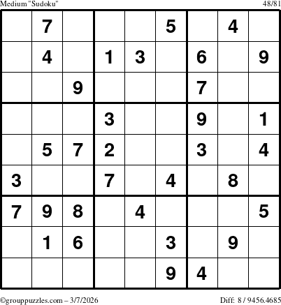 The grouppuzzles.com Medium Sudoku puzzle for Saturday March 7, 2026